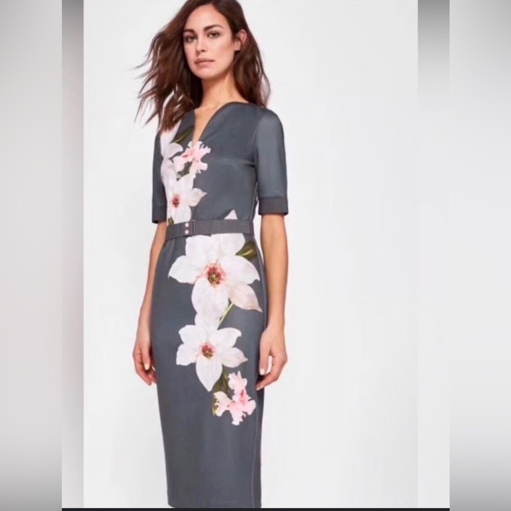 Ted Baker Gray Midi Dress with Pink Floral Design